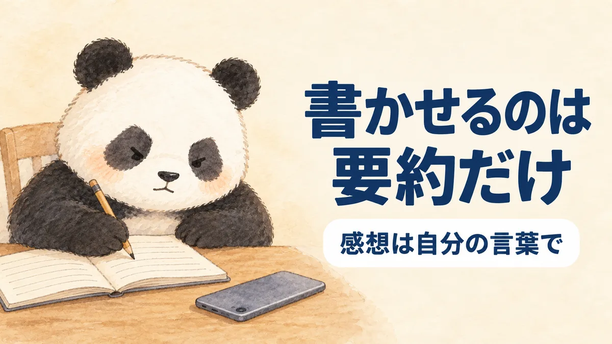 AIに要約だけを任せ、感想と行動は自分で書くという線引きを表すイラスト