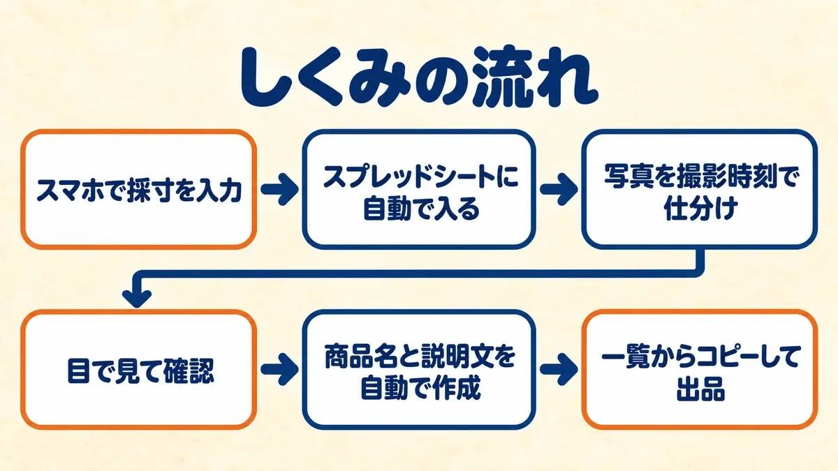 しくみの流れ。スマホで採寸を入力するとスプレッドシートに自動で入り、写真を撮影時刻で仕分け、目で見て確認したあと商品名と説明文が自動で作られ、一覧からコピーして出品する。確認と出品は手作業