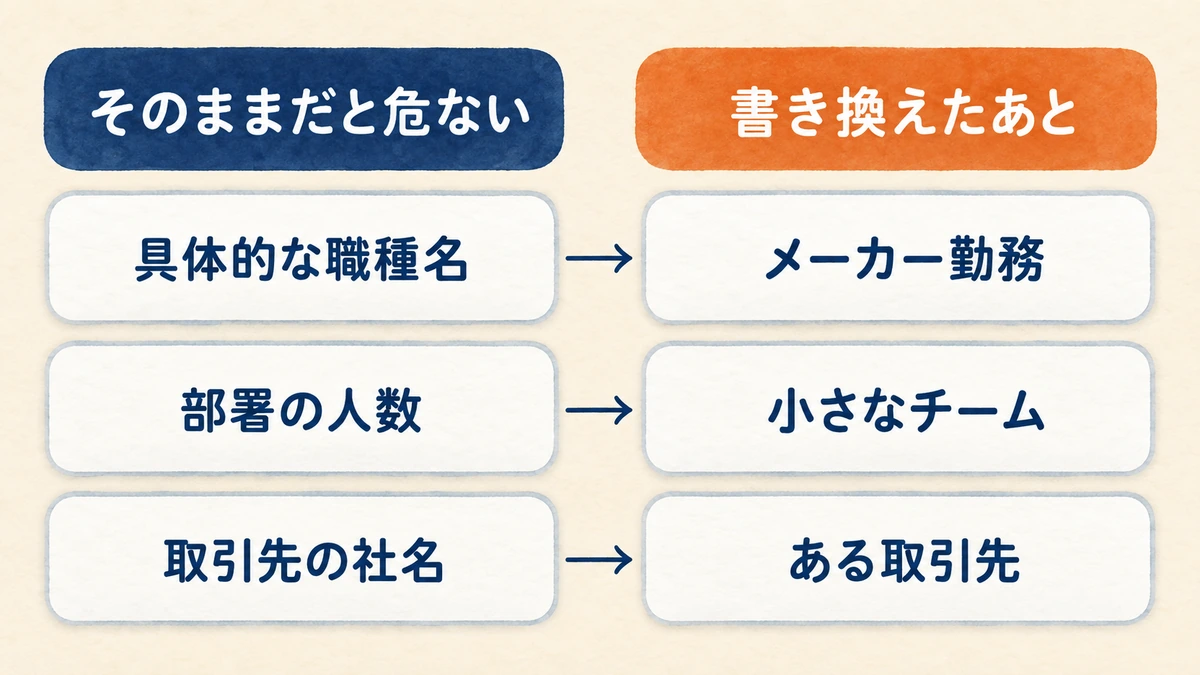身バレしない書き方の3つの型を並べた図。具体的な職種はメーカー勤務へ、部署の人数は小さなチームへ、取引先の社名はある取引先へ置き換える
