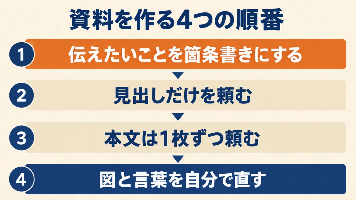 材料の箇条書きから見出し、本文、手直しへと進む資料作りの4つの順番をあらわした流れ図