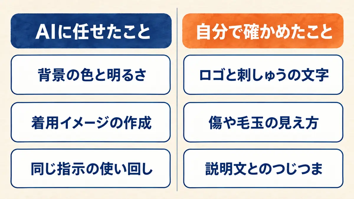 背景の統一と着用イメージの作成はAIに任せ、ロゴと状態の確認と説明文の見直しは自分でやるという分担を表した図