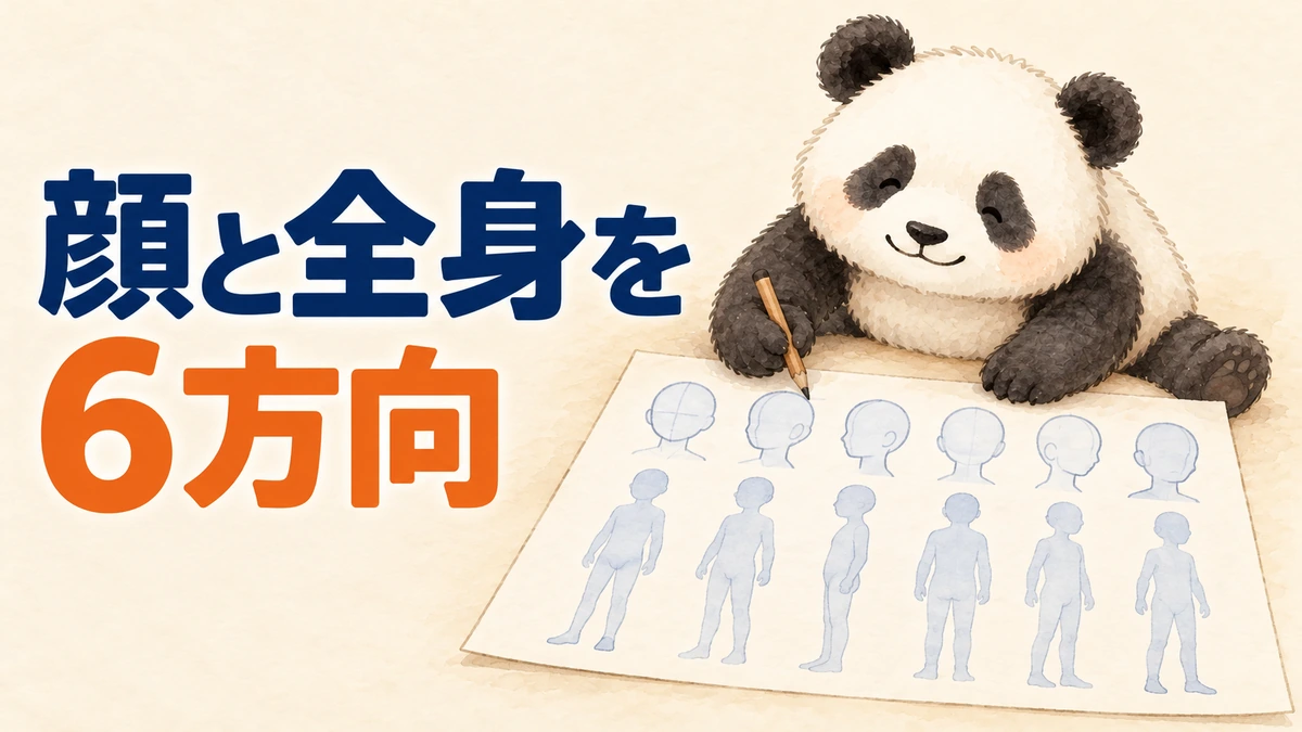 顔と全身を6方向で描く設定シートを表すバナー画像