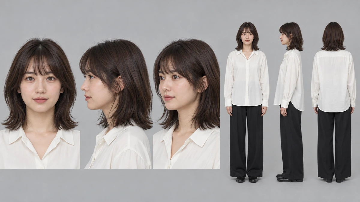 Codexで作った架空の女性の設定シート。左に顔の正面・真横・斜め、右に全身の正面・横・後ろ