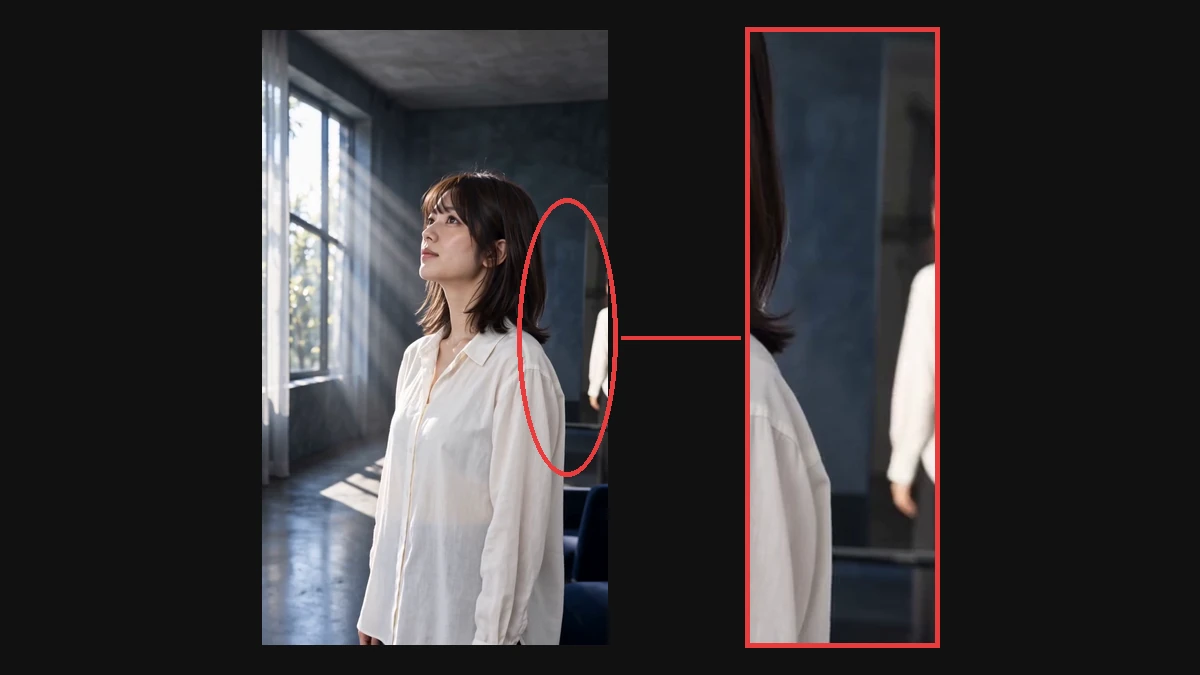 AIが作った動画の2.2秒ごろのコマ。右端の鏡に女性の姿が映り込んでいる部分を赤い丸で囲み、右に拡大している
